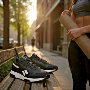 Reebok Women Suede Leather Glide DMX Sneaker Black with White Stripes Size 9.5 M
